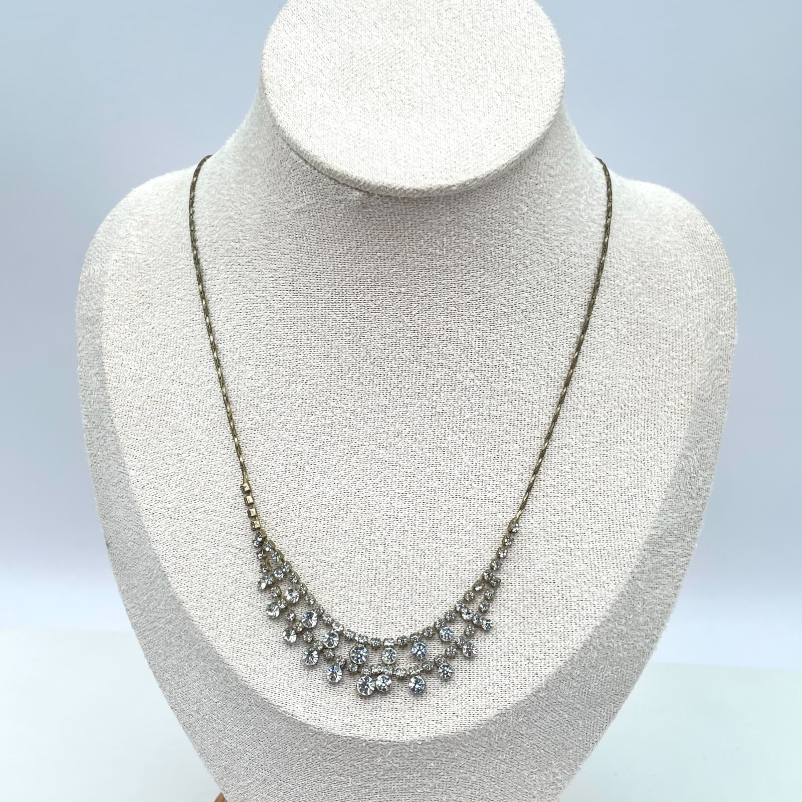VTG Gold-Tone Braided Chain Prong Rhinestone Double Swag Layered Bib Necklace - Thumbnail 2