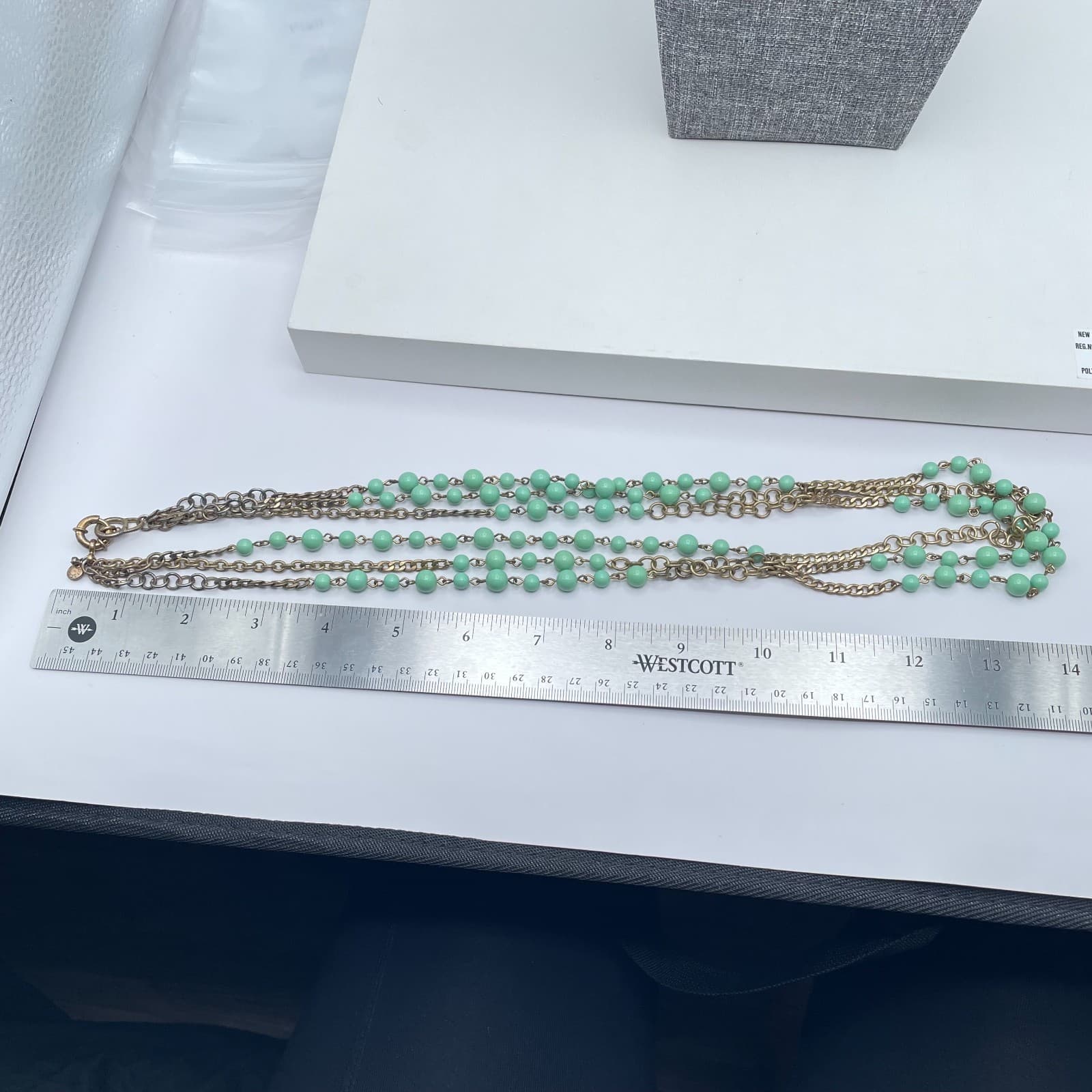 Vintage J. Crew Gold-Tone Seafoam Green Bead Triple Stranded Long Necklace Opera - Thumbnail 9