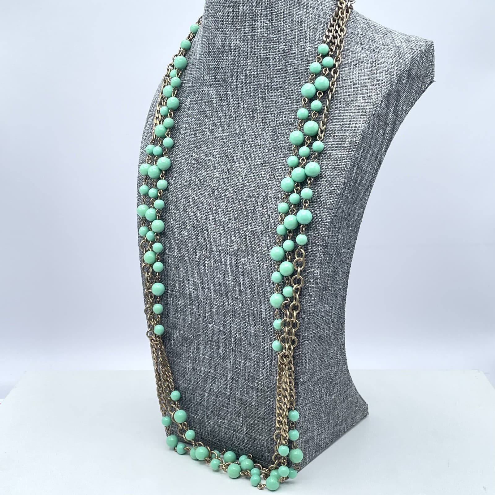 Vintage J. Crew Gold-Tone Seafoam Green Bead Triple Stranded Long Necklace Opera - Thumbnail 5