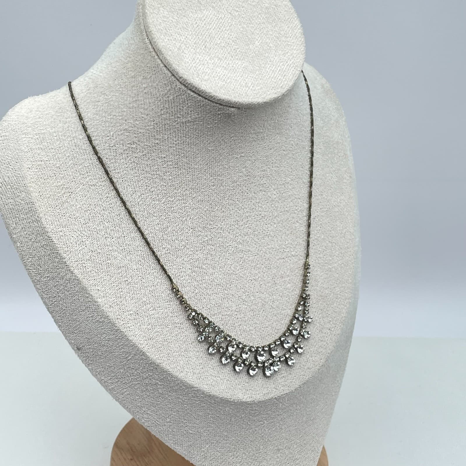 VTG Gold-Tone Braided Chain Prong Rhinestone Double Swag Layered Bib Necklace - Thumbnail 7