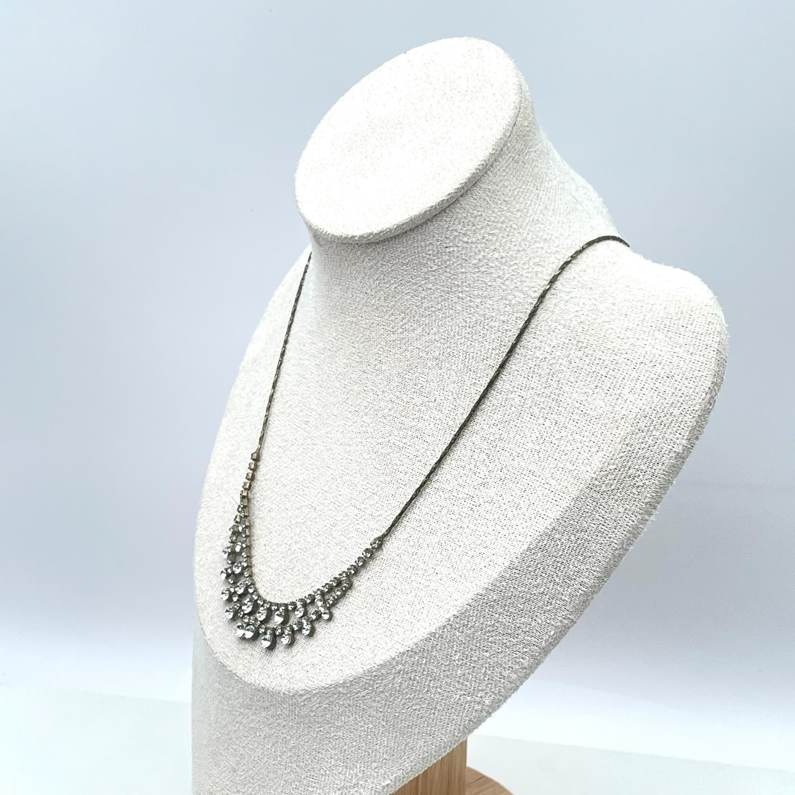 VTG Gold-Tone Braided Chain Prong Rhinestone Double Swag Layered Bib Necklace - Thumbnail 8