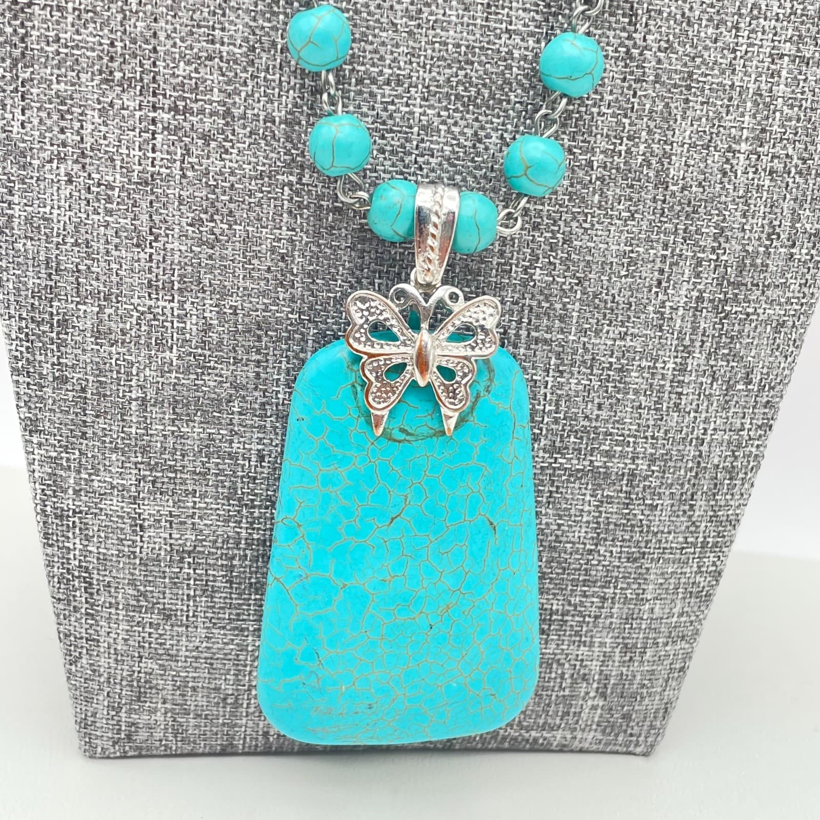 Vintage 90s Y2K Turquoise Beaded Necklace Butterfly Pendant Southwestern Boho - Thumbnail 7
