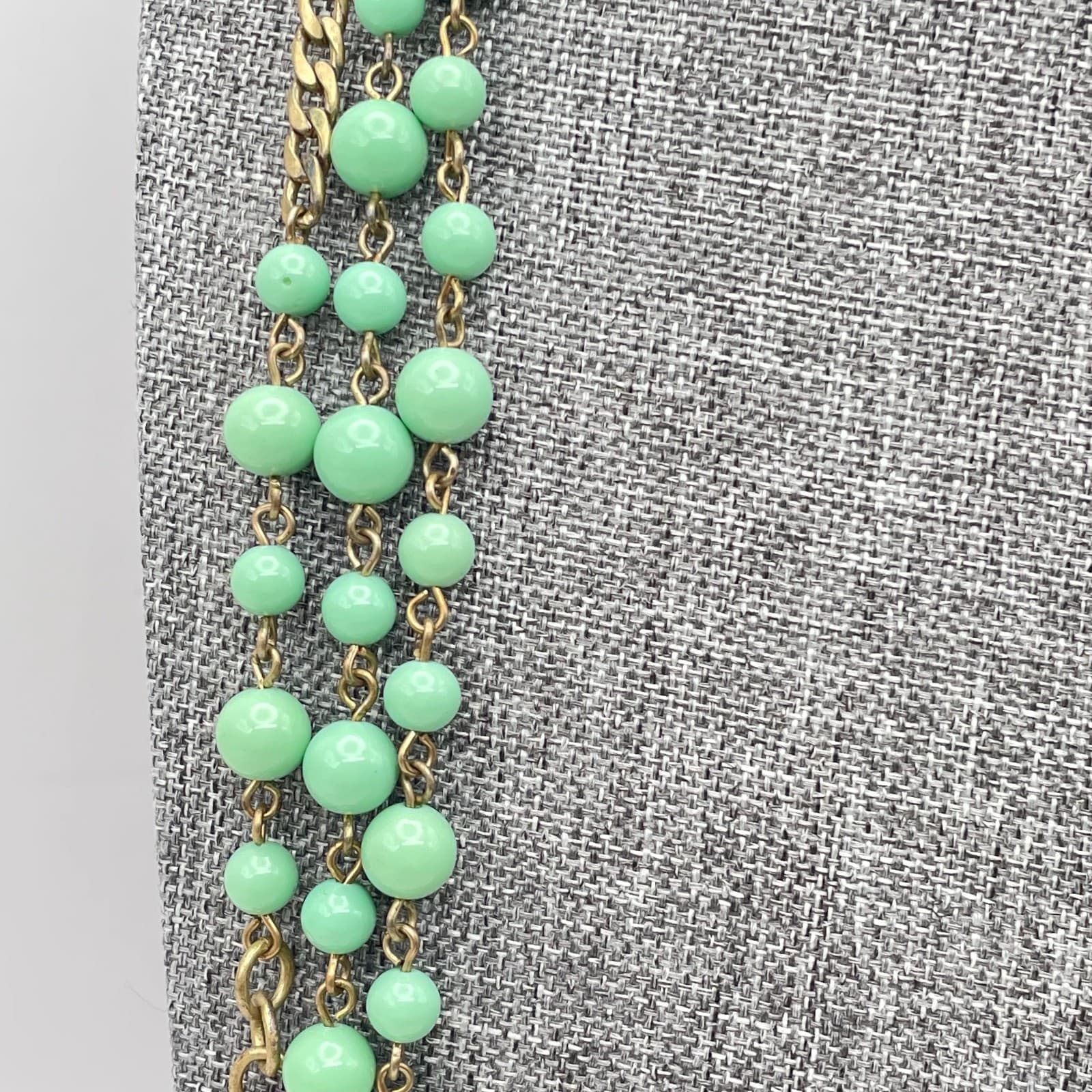 Vintage J. Crew Gold-Tone Seafoam Green Bead Triple Stranded Long Necklace Opera - Thumbnail 3