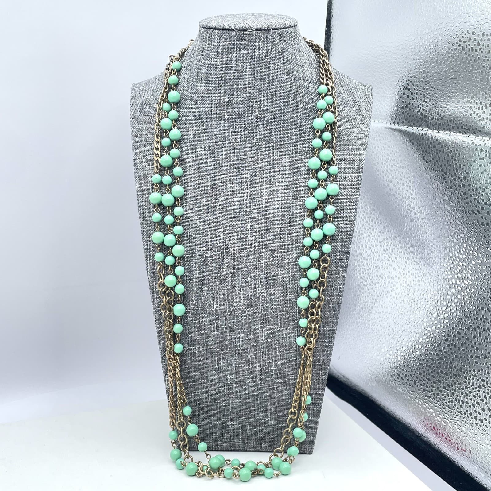 Vintage J. Crew Gold-Tone Seafoam Green Bead Triple Stranded Long Necklace Opera - Thumbnail 2