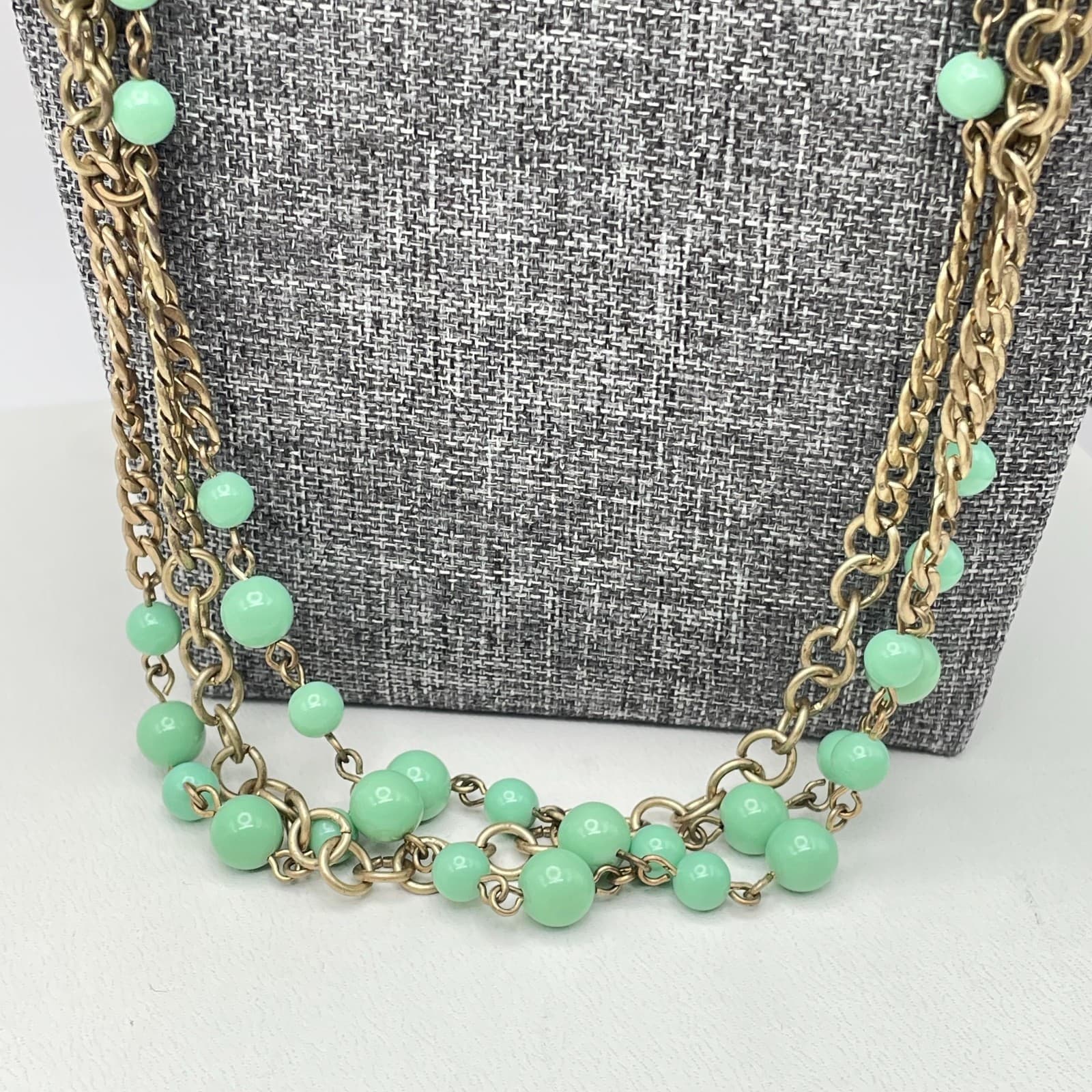 Vintage J. Crew Gold-Tone Seafoam Green Bead Triple Stranded Long Necklace Opera - Thumbnail 4