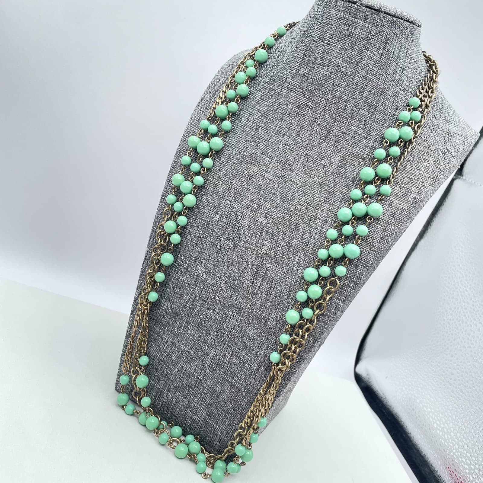 Vintage J. Crew Gold-Tone Seafoam Green Bead Triple Stranded Long Necklace Opera - Thumbnail 6