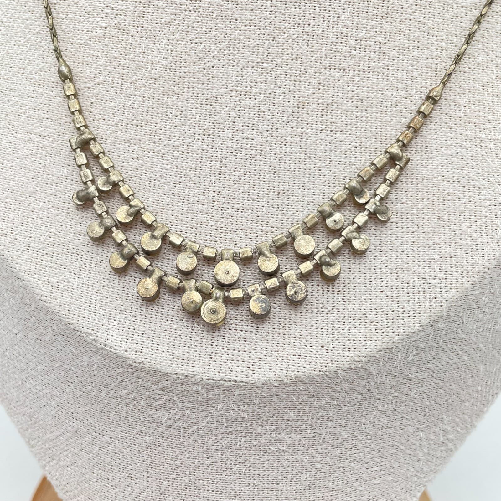 VTG Gold-Tone Braided Chain Prong Rhinestone Double Swag Layered Bib Necklace - Thumbnail 4