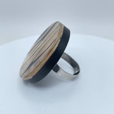 Vintage Silver-Tone Adjustable Glassmour Zebra Palateau Art Deco Cocktail Ring - Thumbnail 3