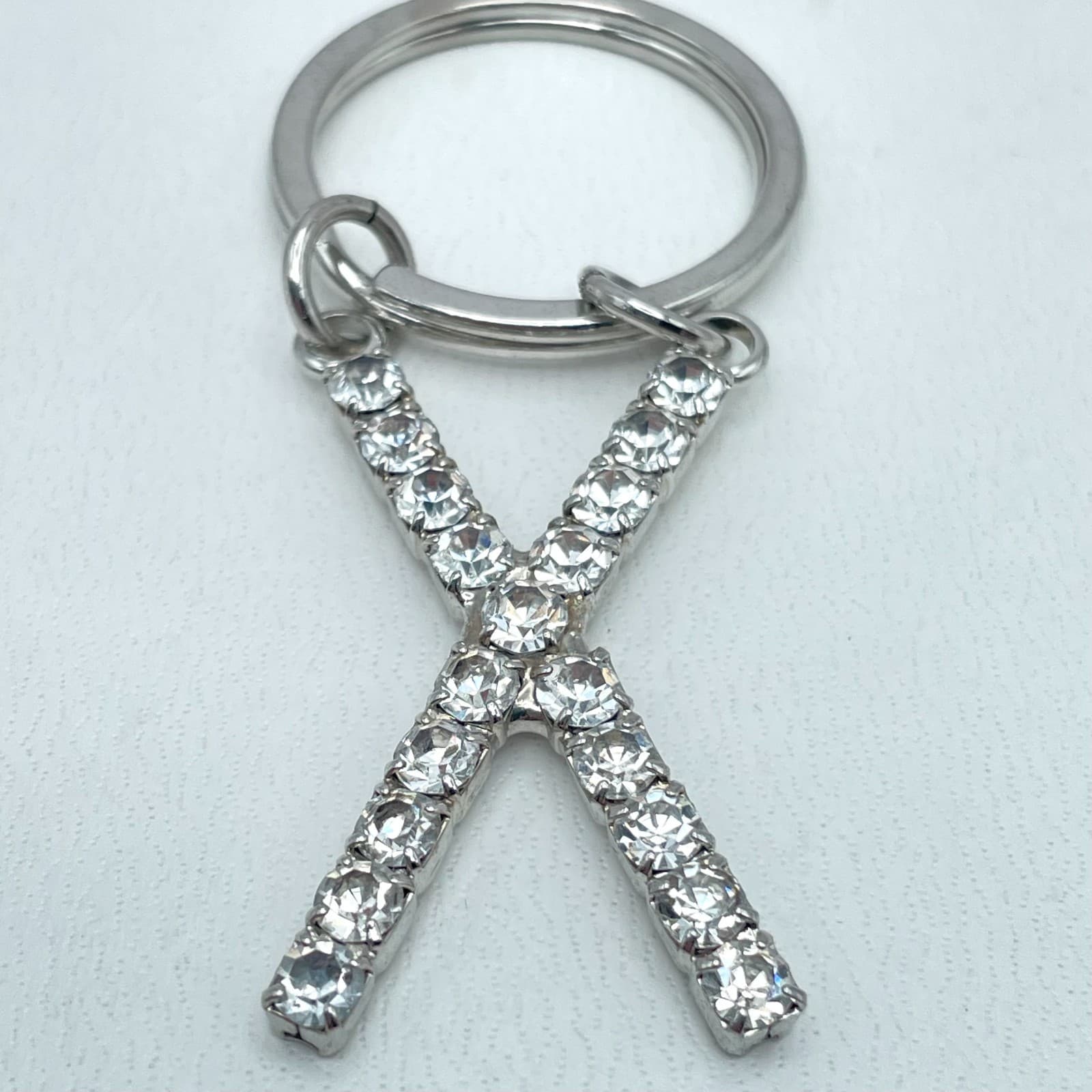 Vintage Silver-Tone Rhinestone-Encrusted Inlaided Initial Letter "X" Keychain