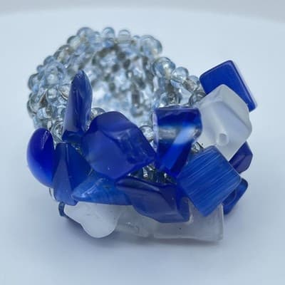 Artisan Blue Fashion Right-Angle Weave Cat's Eye Cluster Beaded Stretch Ring - Thumbnail 10
