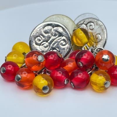 Vintage Silver-Tone Red Yellow Cluster Grapes Glass Beads Stud Dangle Earrings - Thumbnail 5