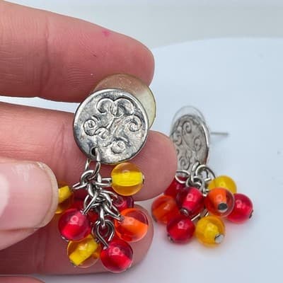 Vintage Silver-Tone Red Yellow Cluster Grapes Glass Beads Stud Dangle Earrings - Thumbnail 4