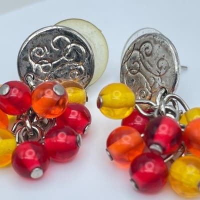 Vintage Silver-Tone Red Yellow Cluster Grapes Glass Beads Stud Dangle Earrings - Thumbnail 3