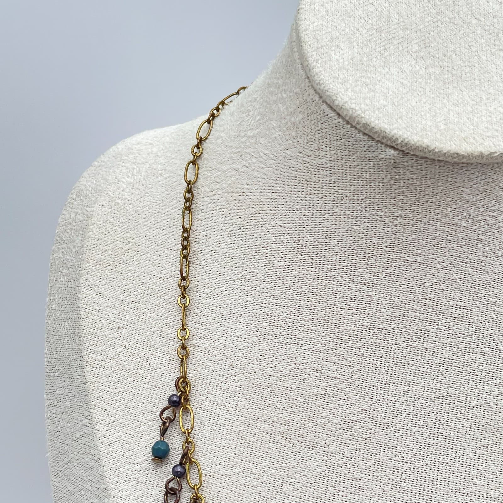 Vintage 90s Y2K Boho Gold Tone Fringe Bib Necklace Beaded Statement Necklace - Thumbnail 4
