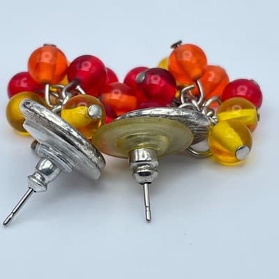 Vintage Silver-Tone Red Yellow Cluster Grapes Glass Beads Stud Dangle Earrings - Thumbnail 6