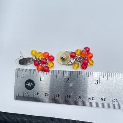 Vintage Silver-Tone Red Yellow Cluster Grapes Glass Beads Stud Dangle Earrings - Thumbnail 7