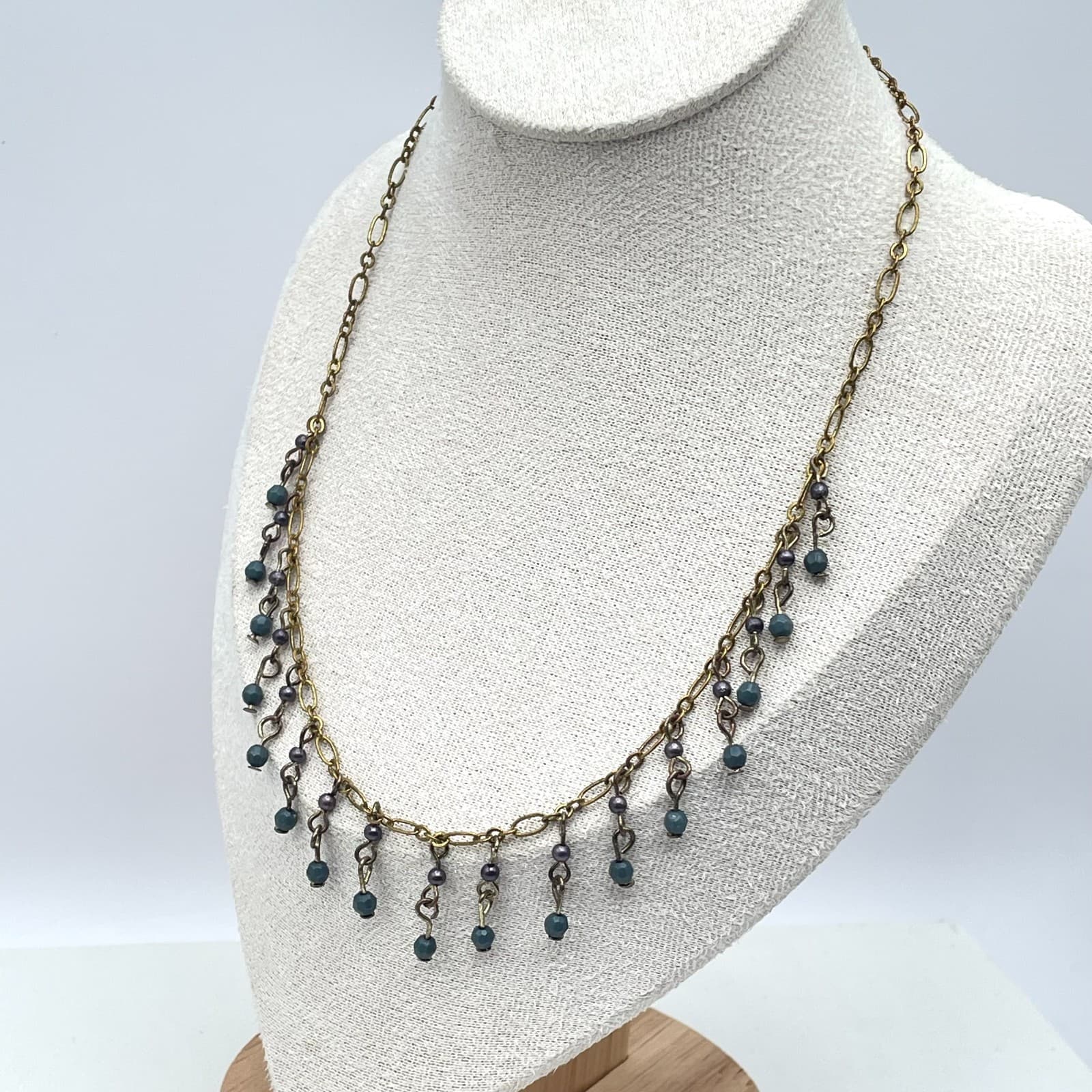 Vintage 90s Y2K Boho Gold Tone Fringe Bib Necklace Beaded Statement Necklace - Thumbnail 5
