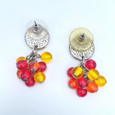 Vintage Silver-Tone Red Yellow Cluster Grapes Glass Beads Stud Dangle Earrings - Thumbnail 2