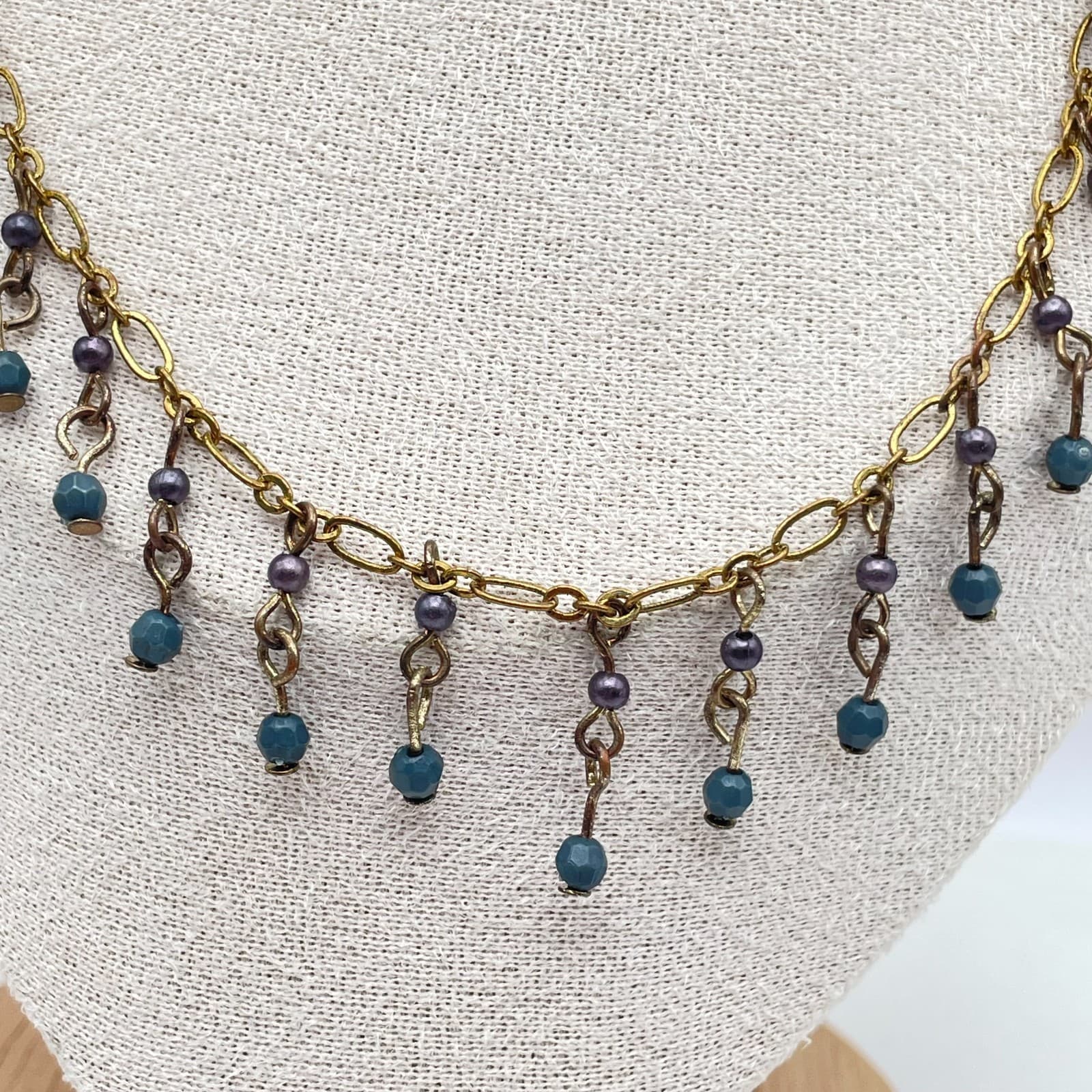 Vintage 90s Y2K Boho Gold Tone Fringe Bib Necklace Beaded Statement Necklace - Thumbnail 3