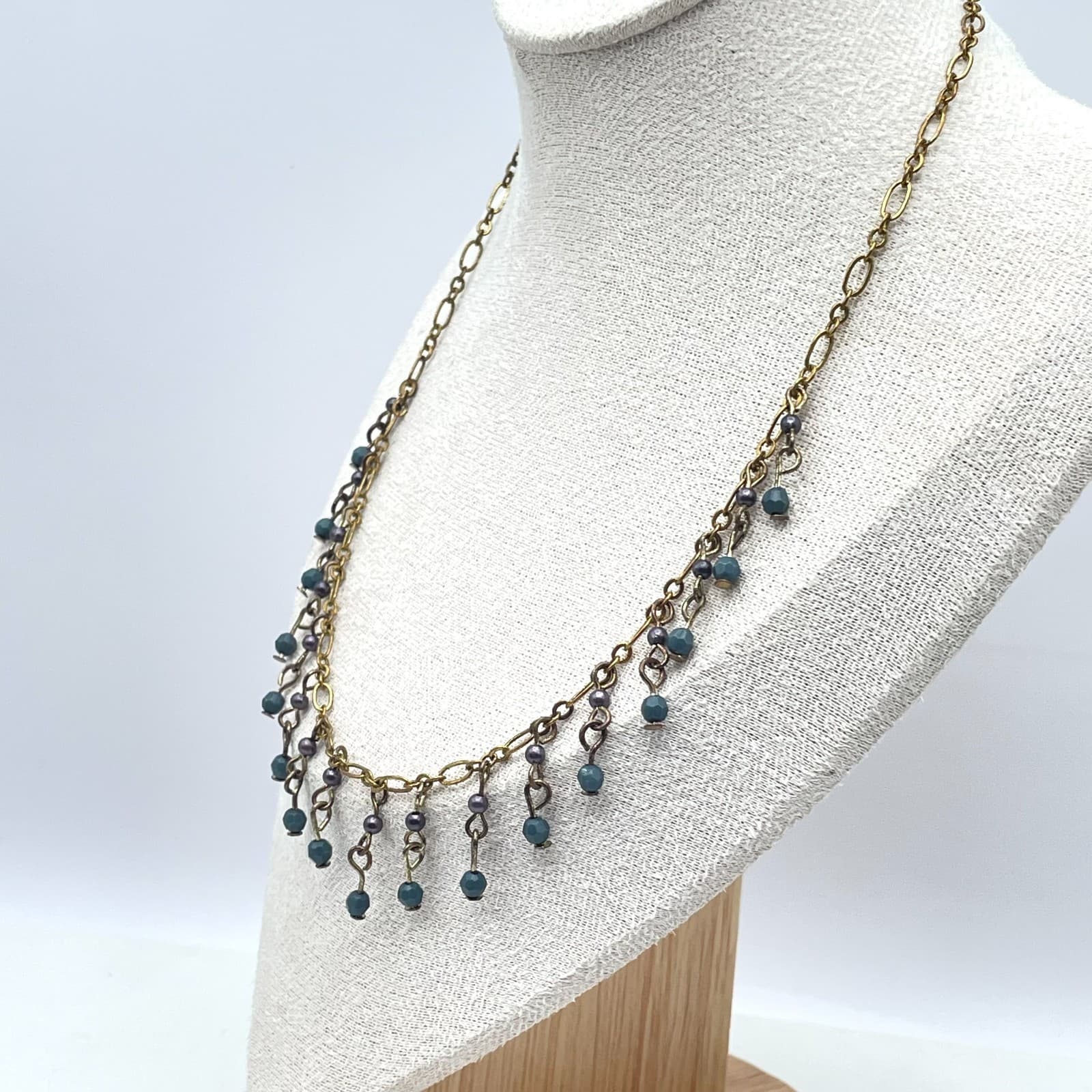 Vintage 90s Y2K Boho Gold Tone Fringe Bib Necklace Beaded Statement Necklace - Thumbnail 6