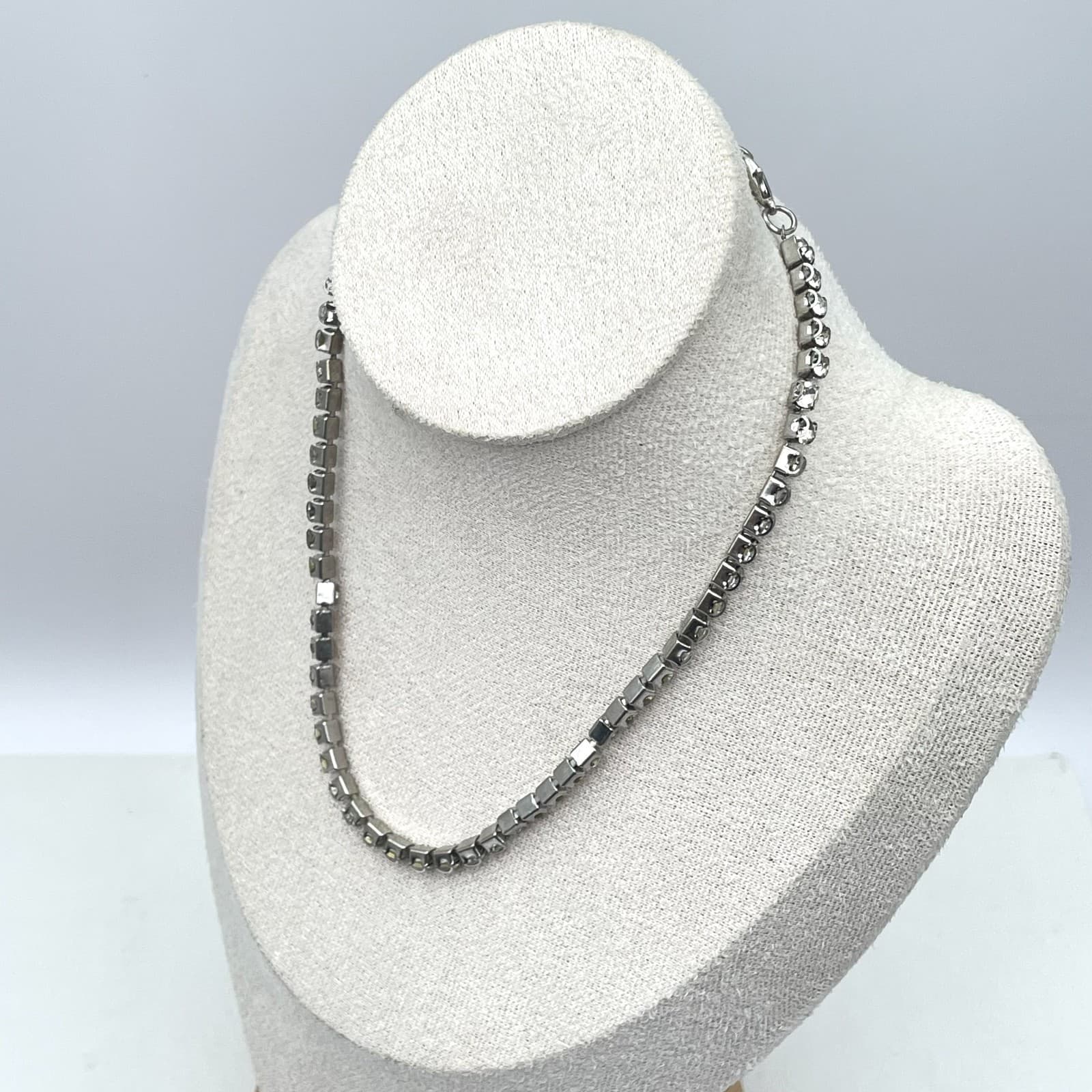Vintage Silver-Tone Box Chain Prong Rhinestone Tennis Choker Rivière Necklace - Thumbnail 6