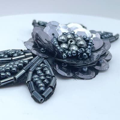 Vintage Black Sequins Seed Beaded Cluster Leaves Floral Appliqué Brooch Pin - Thumbnail 3