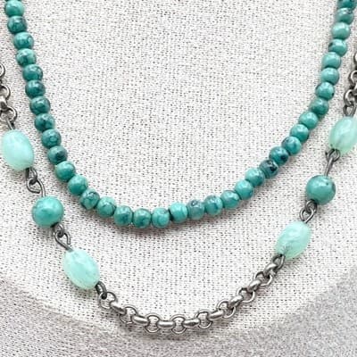 VTG Silver-Tone Rolo Turquoise Beaded Double-Stranded Layered Lobster Necklace - Thumbnail 2