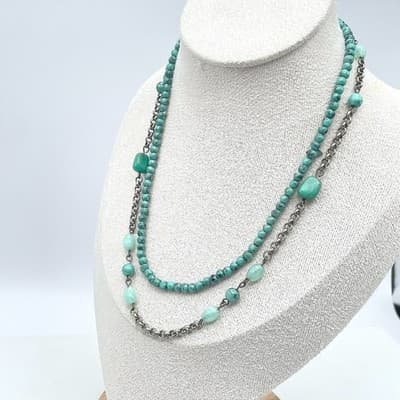 VTG Silver-Tone Rolo Turquoise Beaded Double-Stranded Layered Lobster Necklace - Thumbnail 3