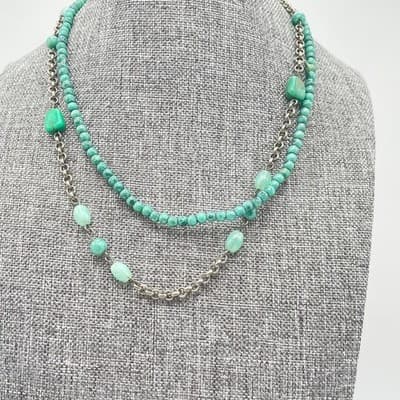 VTG Silver-Tone Rolo Turquoise Beaded Double-Stranded Layered Lobster Necklace - Thumbnail 6