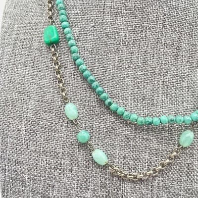 VTG Silver-Tone Rolo Turquoise Beaded Double-Stranded Layered Lobster Necklace - Thumbnail 7