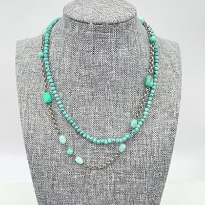 VTG Silver-Tone Rolo Turquoise Beaded Double-Stranded Layered Lobster Necklace - Thumbnail 4