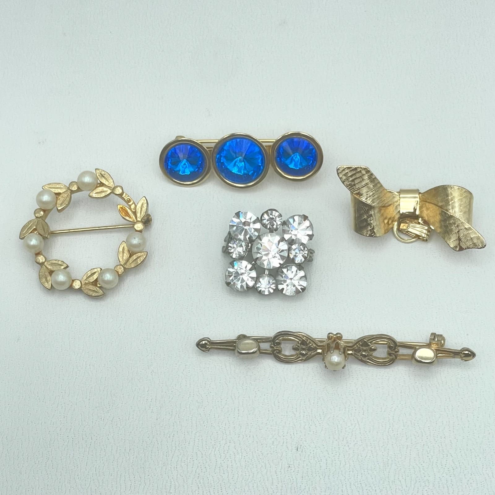Lot of 5 Vintage Gold-Tone Rhinestone Mother Of Pearl Floral Bow Brooch Pin - Thumbnail 17