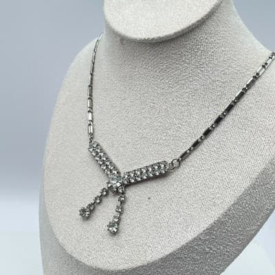 Vintage 1950s Silver-Tone Prong Rhinestone Embellished Choker Lariat Necklace - Thumbnail 6