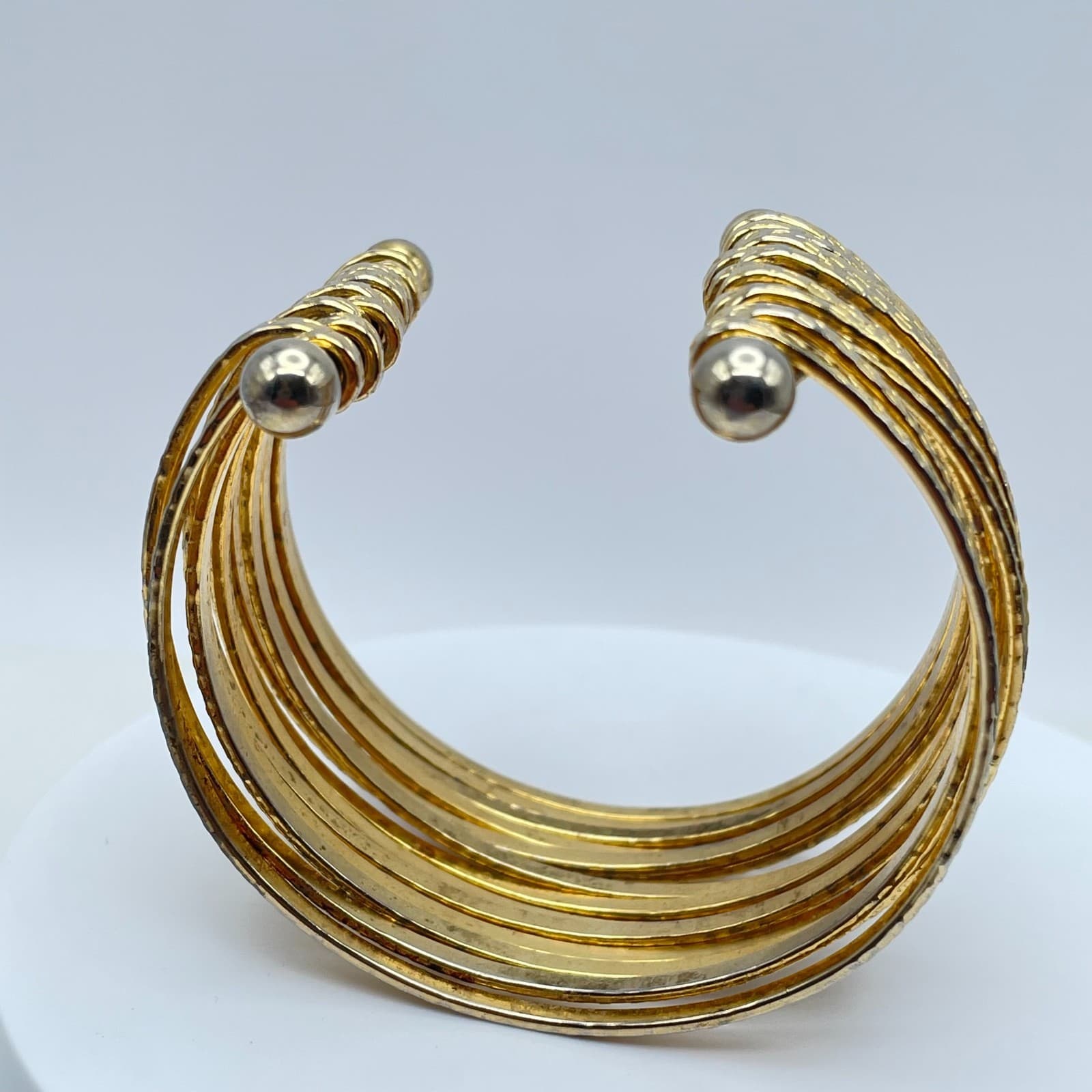 Gladiator-Style Gold Tone Wide Multi-Band Stacked Hammered Open Cuff Bracelet - Thumbnail 4