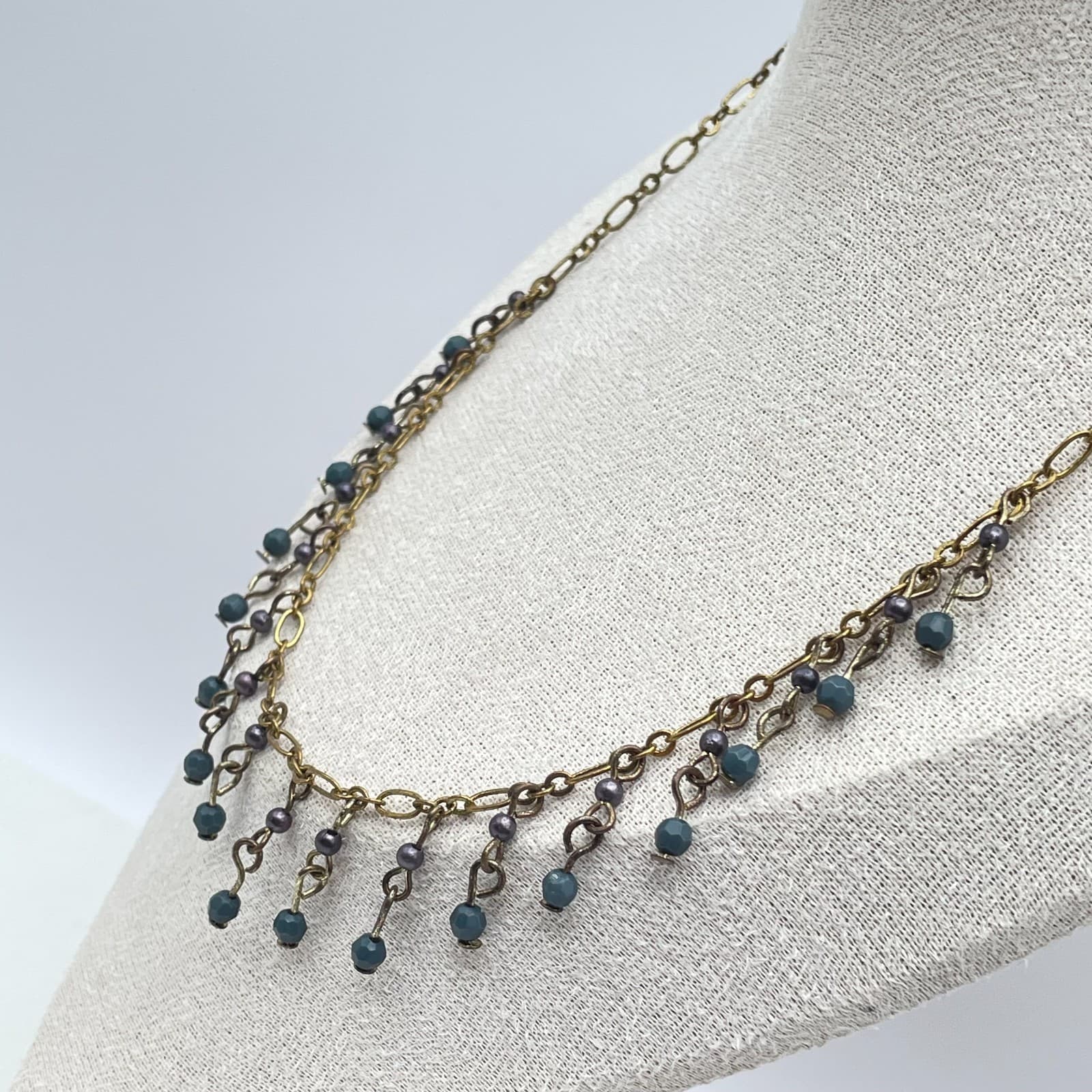 Vintage 90s Y2K Boho Gold Tone Fringe Bib Necklace Beaded Statement Necklace - Thumbnail 7