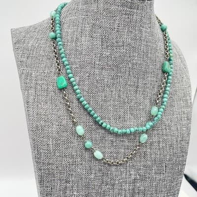 VTG Silver-Tone Rolo Turquoise Beaded Double-Stranded Layered Lobster Necklace - Thumbnail 5