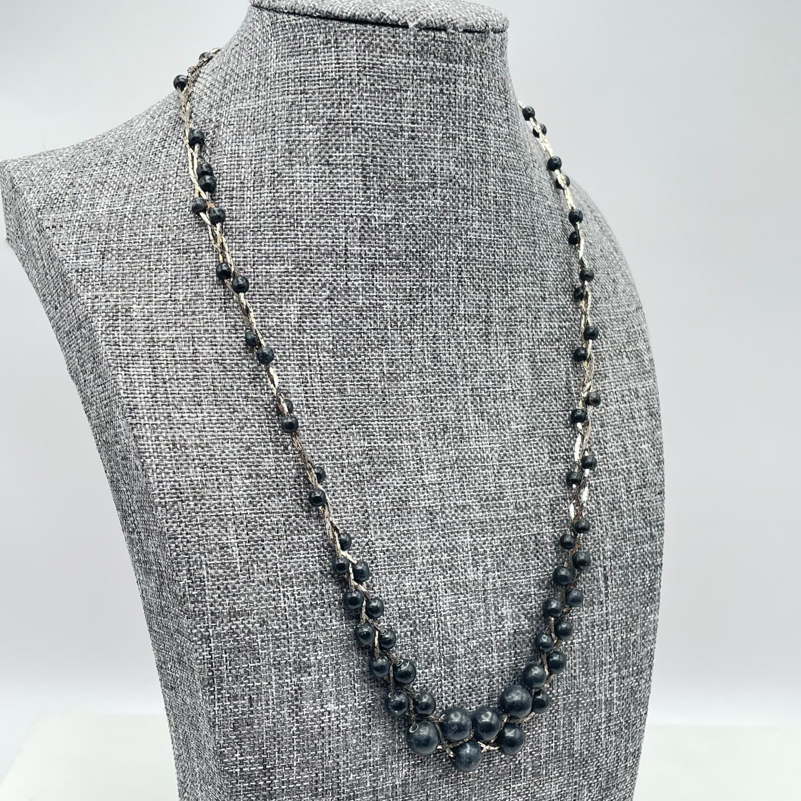 Vintage 80s 90s Black Faux Pearl Hematite Zig Zag Bead Necklace Gold Tone Clasp - Thumbnail 3