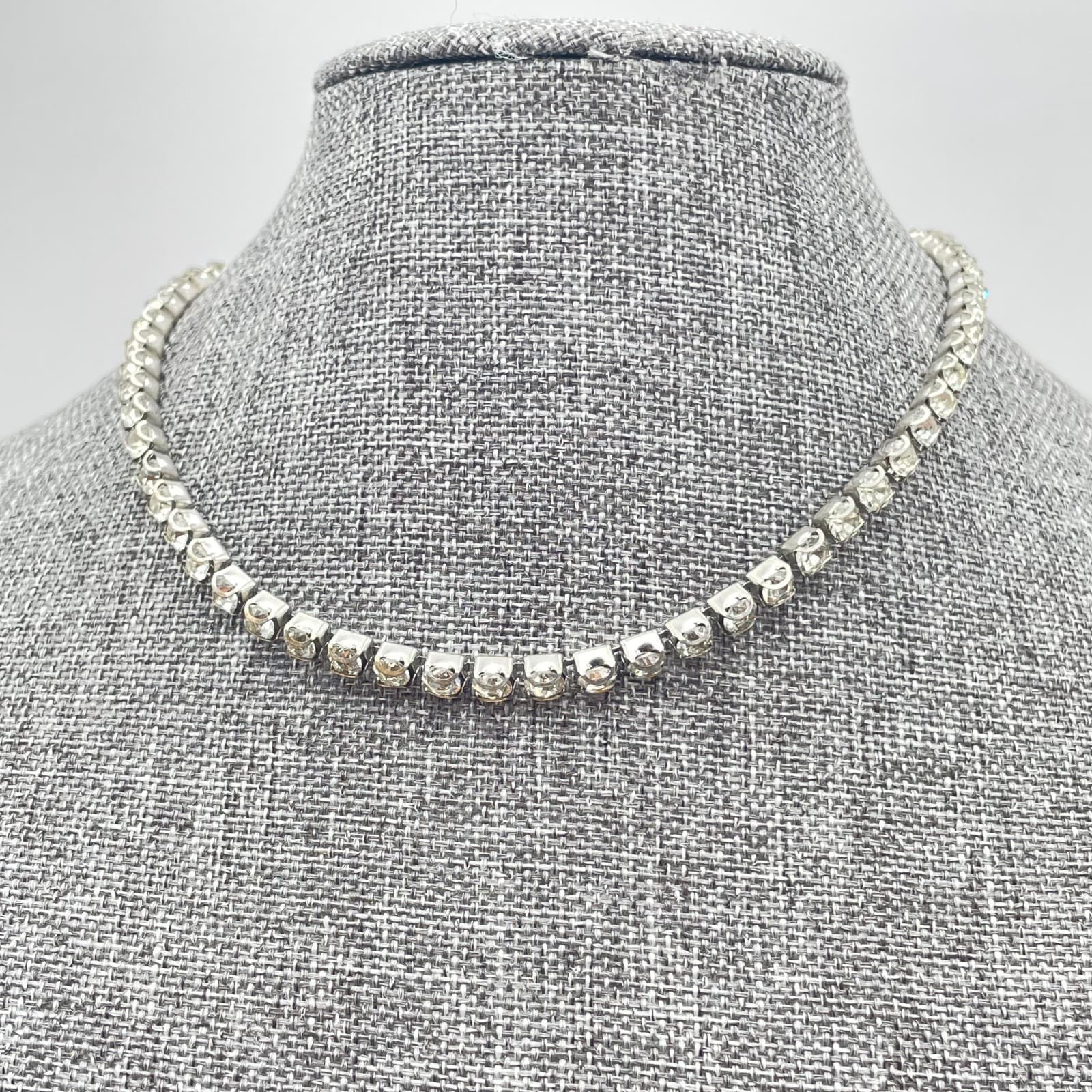 Vintage Silver-Tone Prong Crystal Rhinestone Tennis-Style Choker Necklace - Thumbnail 3