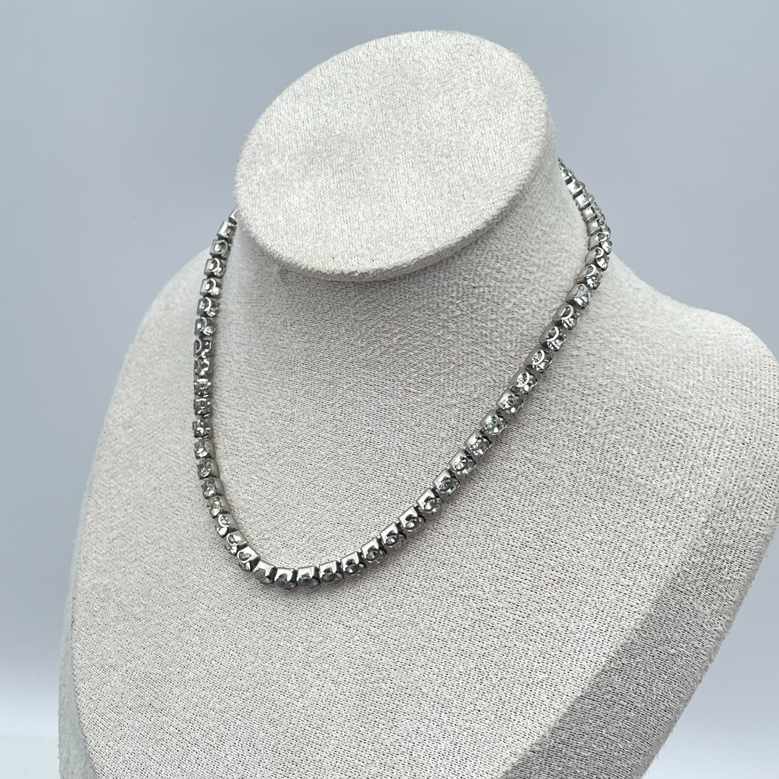 Vintage Silver-Tone Prong Crystal Rhinestone Tennis-Style Choker Necklace - Thumbnail 7