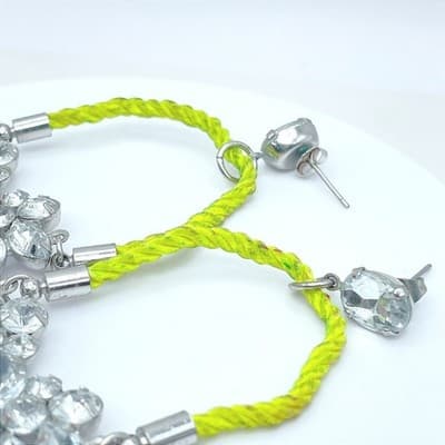 Silver-Tone Neon Green Cord Wing-Shape Clear Rhinestones Statement Drop Earrings - Thumbnail 5