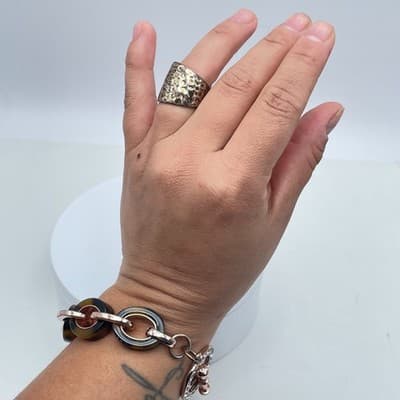 Artisanal Silver-Tone Hammered Fossil-Pattern Textured Patina Finish Wide Ring - Thumbnail 11