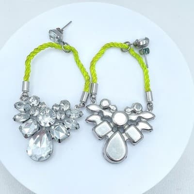 Silver-Tone Neon Green Cord Wing-Shape Clear Rhinestones Statement Drop Earrings - Thumbnail 2
