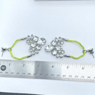 Silver-Tone Neon Green Cord Wing-Shape Clear Rhinestones Statement Drop Earrings - Thumbnail 8
