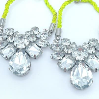 Silver-Tone Neon Green Cord Wing-Shape Clear Rhinestones Statement Drop Earrings - Thumbnail 4