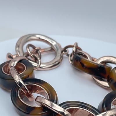 Vintage Rose Gold-Tone Crystal-Encrusted Tortoiseshell Link Toggle Bracelet - Thumbnail 7