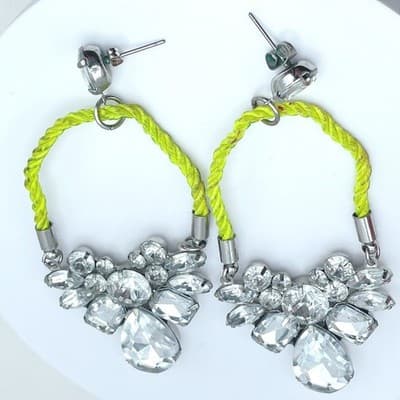 Silver-Tone Neon Green Cord Wing-Shape Clear Rhinestones Statement Drop Earrings - Thumbnail 7