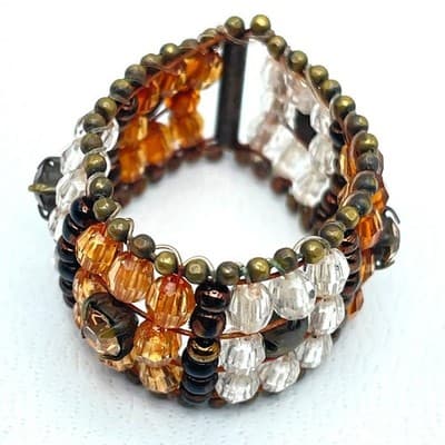 Vintage Bronze-Tone Amber Clear Brown Rhinestones Faceted Glass Beads Ring - Thumbnail 2