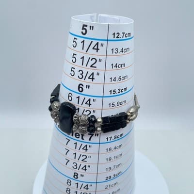 Vintage Silver-Tone Tribal Metal Black Onyx Beads Double Strand Lobster Bracelet - Thumbnail 7