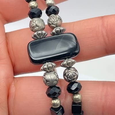 Vintage Silver-Tone Tribal Metal Black Onyx Beads Double Strand Lobster Bracelet - Thumbnail 6