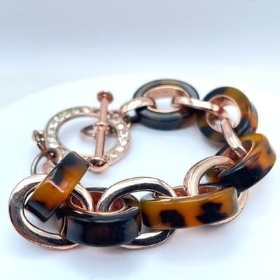Vintage Rose Gold-Tone Crystal-Encrusted Tortoiseshell Link Toggle Bracelet - Thumbnail 4